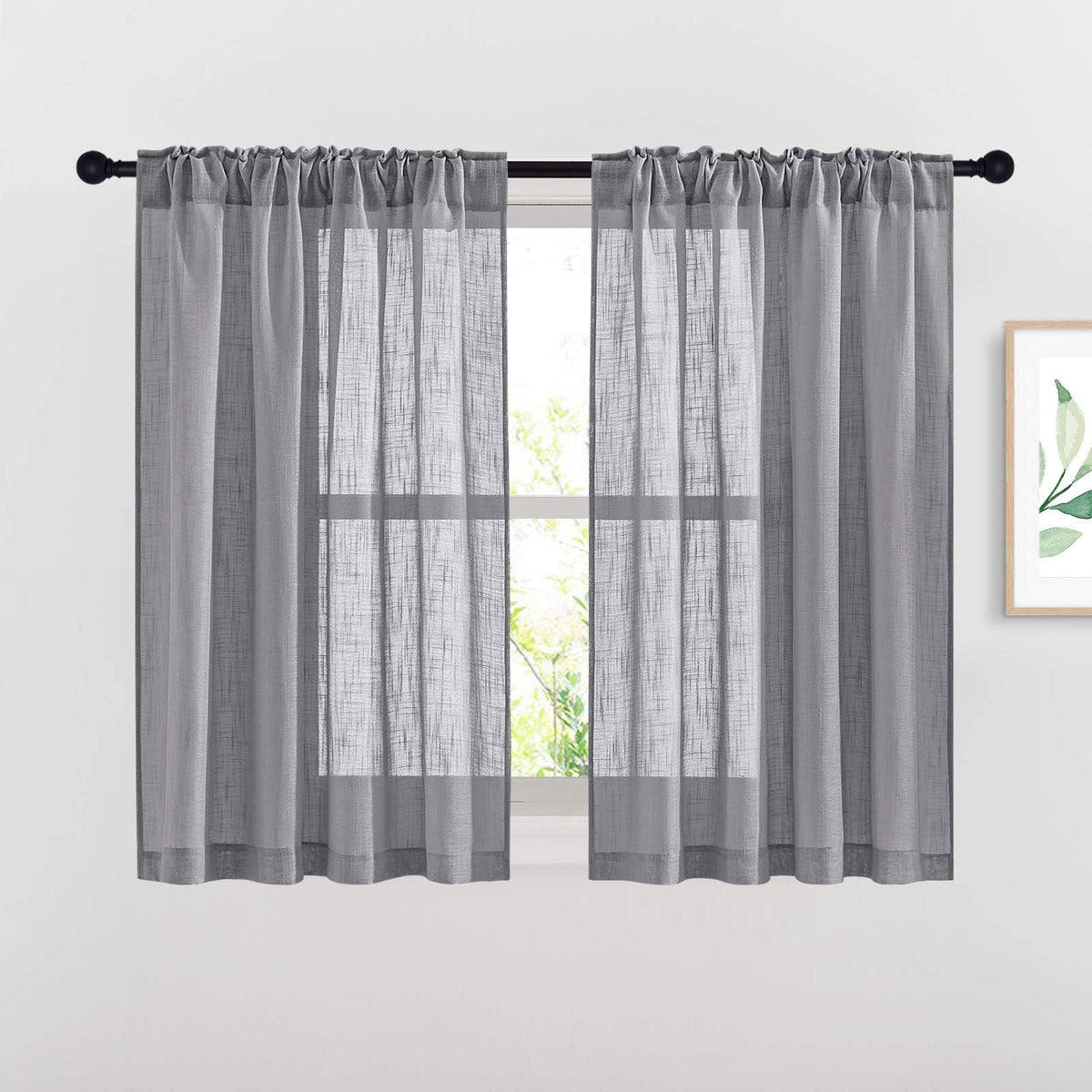 NICETOWN Natural Linen Kitchen Curtains 26 inches Long, Rod Pocket & Back Tab Semi Sheer Flax Window Treatments Rustic & Cute for Cafe/Kids Room, W37 x L26, 2 Panels
