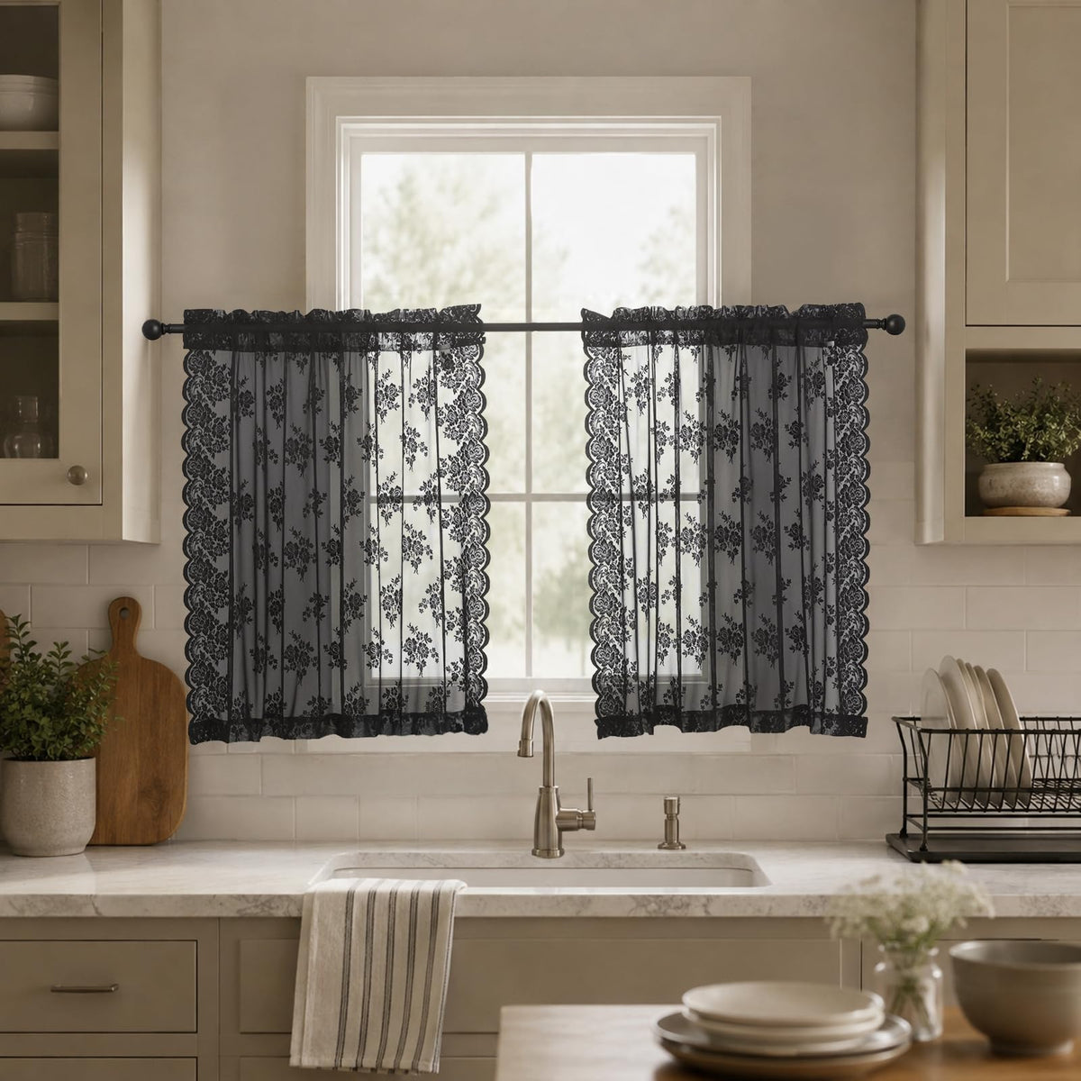 Kotile Short Beige Lace Curtains for Kitchen Windows W42xL45 Inch, 2 Panels