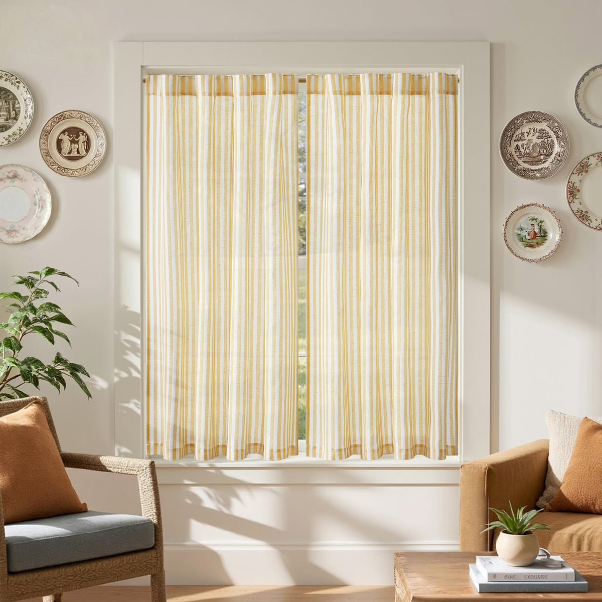 jinchan Striped Linen Kitchen Tier Curtains, 20 Inch, Tan, 2 Panels