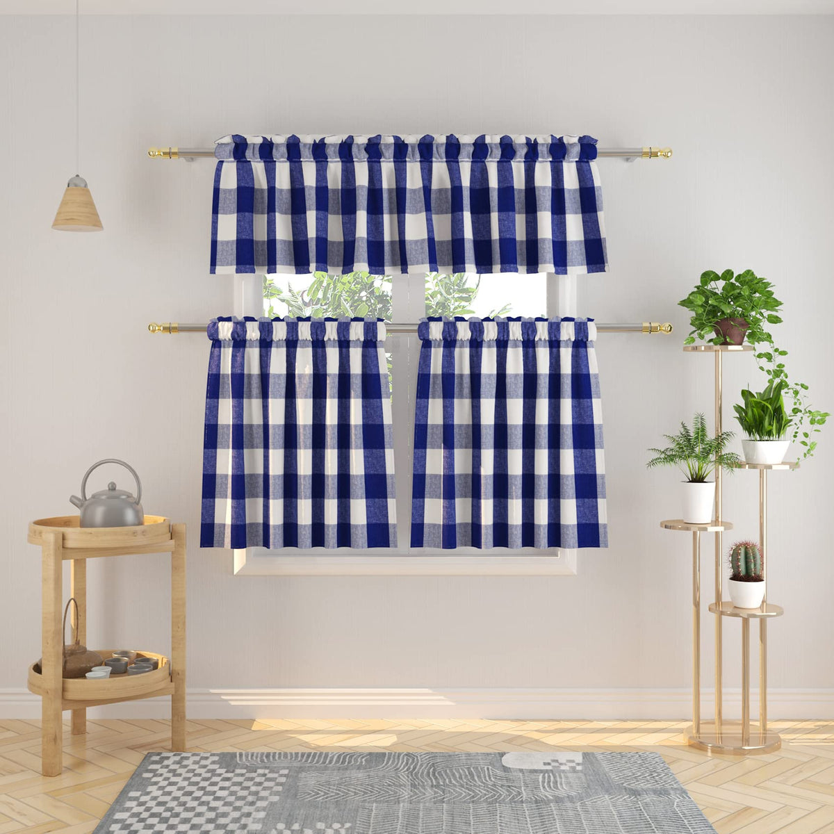 3 Pieces Tier Curtains and Valance Set Buffalo Check Kitchen Tiers Plaid Gingham Rod Pocket Classic Short Small Cafe Curtains Country Farmhouse Cafe Bathroom 54"x18"/27"x24" Brown & White