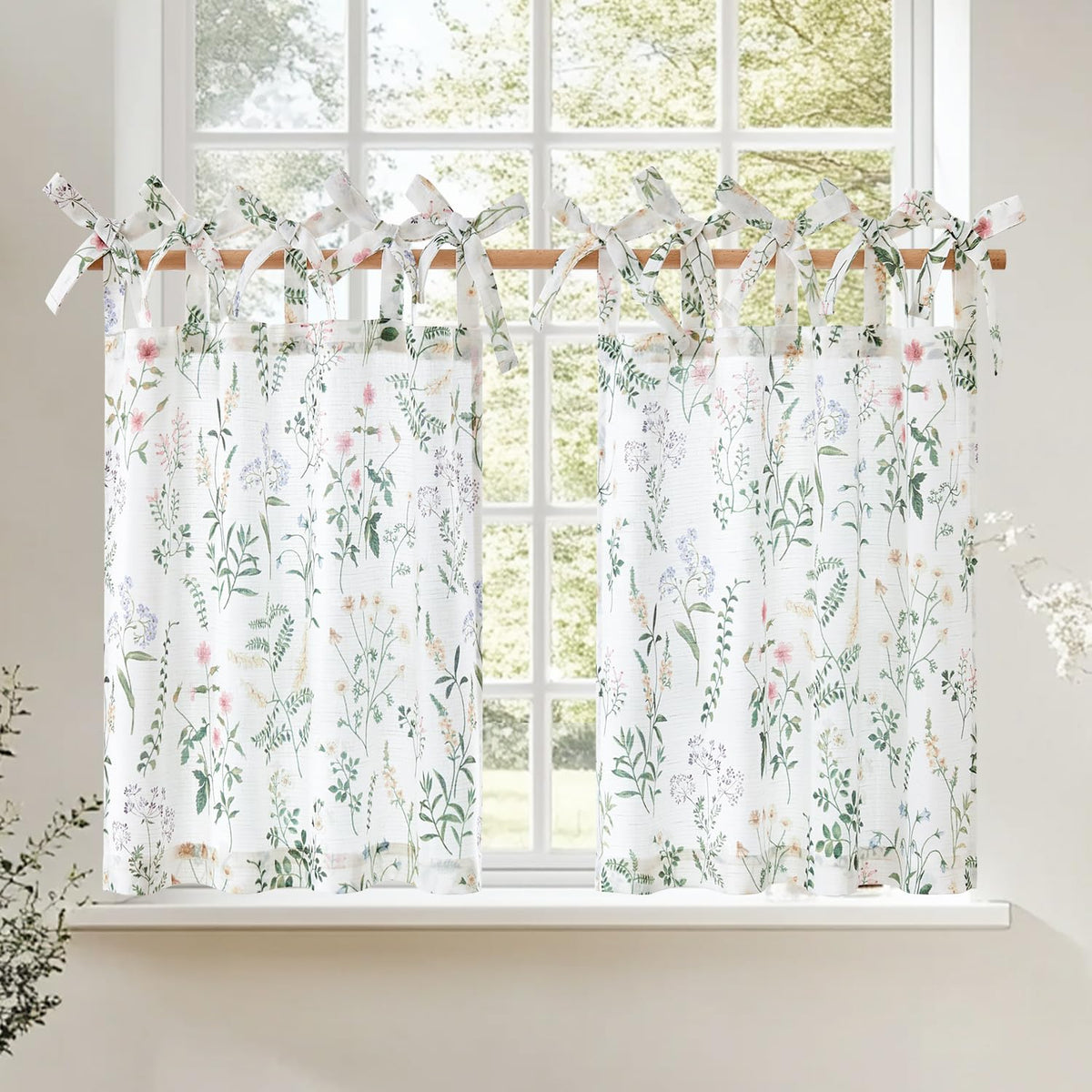 jinchan Floral Kitchen Tier Curtains 24 Inch 2 Panels Sage Green on Beige
