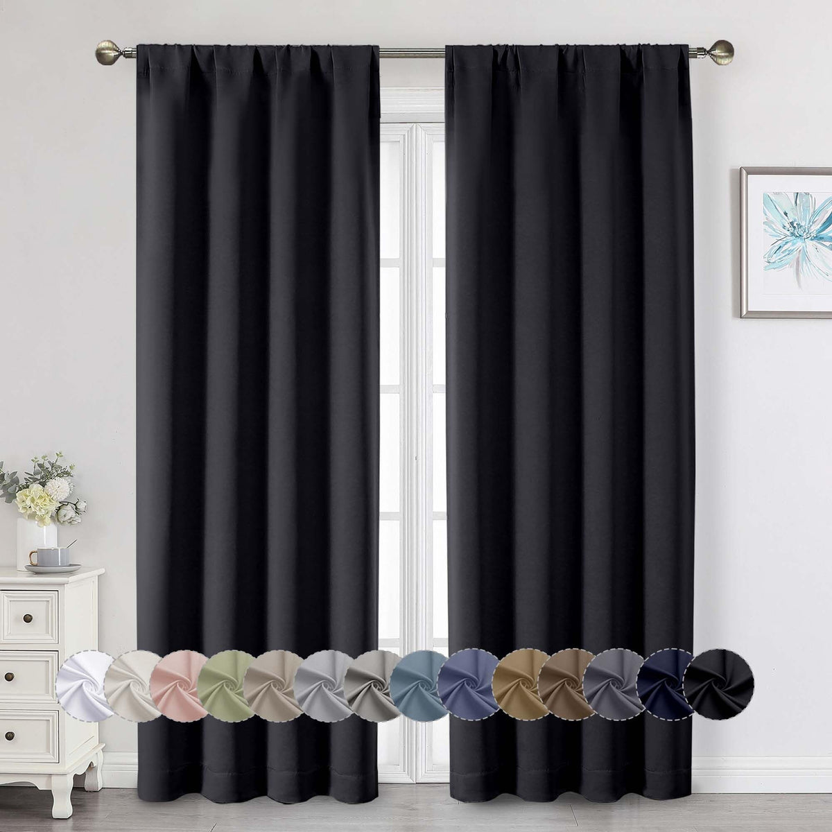 Black Cafe Blackout Curtains 36 Inch Length 2 Panels Set, Soft Solid Thermal Insulated Room Darkening Small Window Curtains for Kitchen Bathroom Basement, Black, Each, 40" Wx36 L