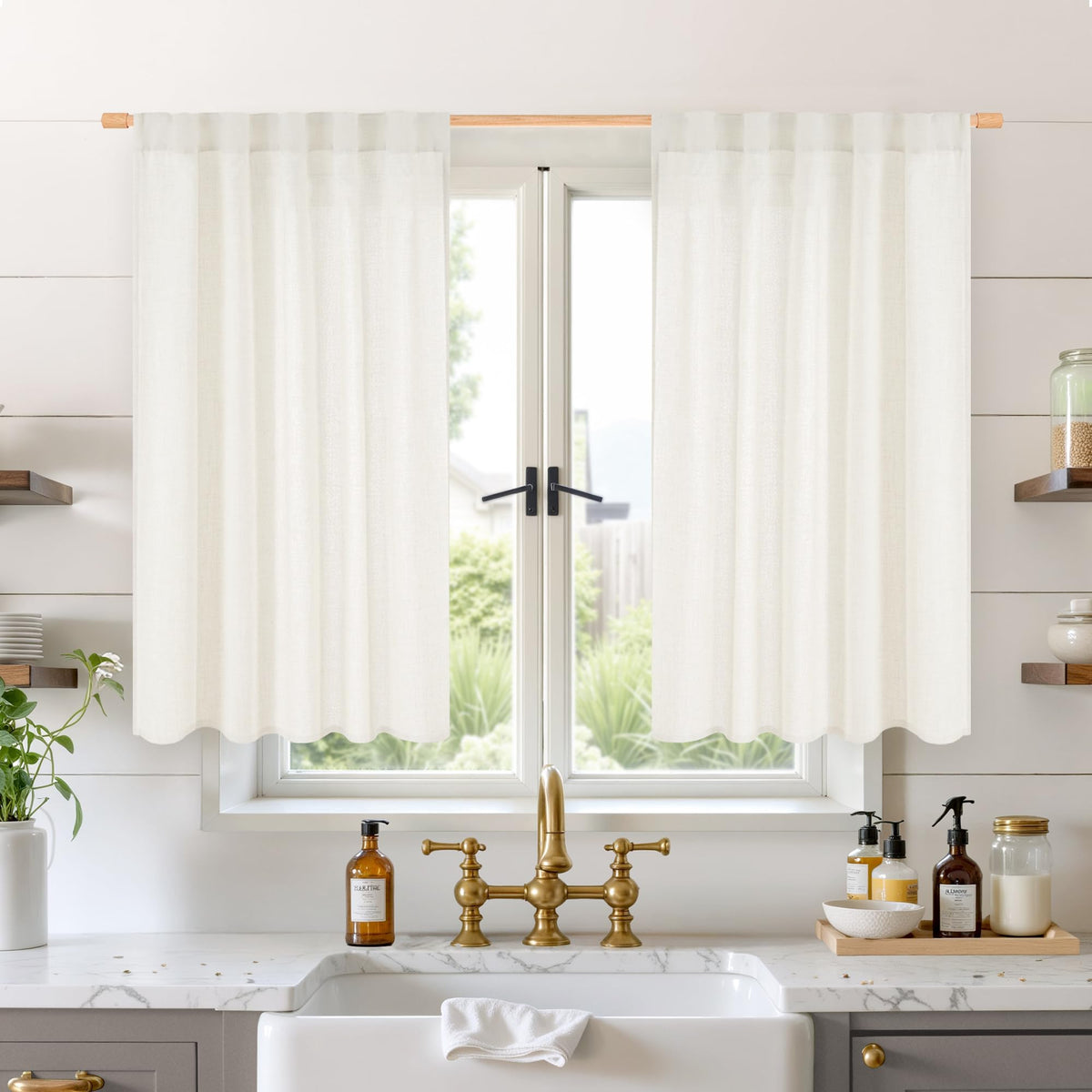 BGment White Linen Kitchen Curtains 40 Inch Length for Short Window