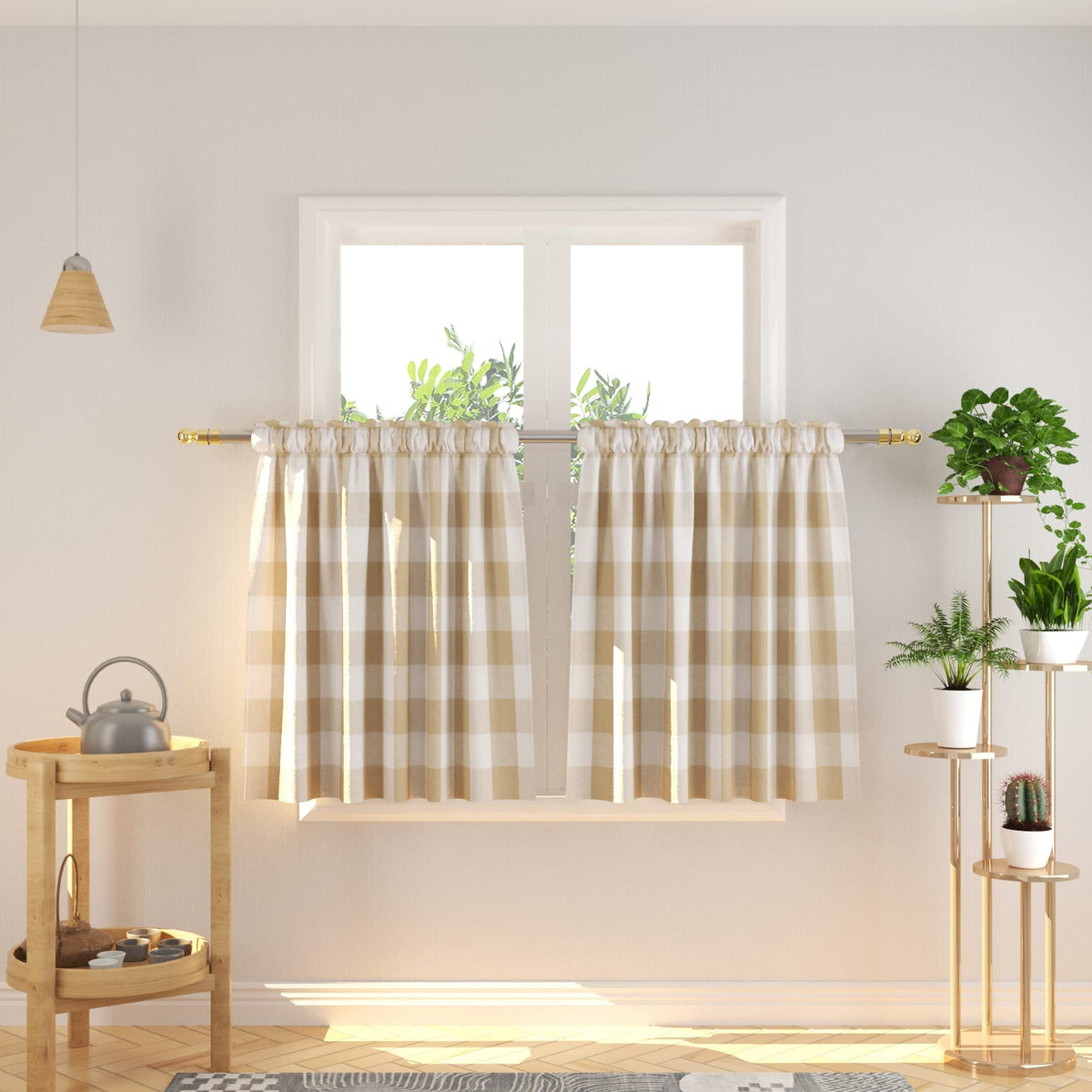 Buffalo Check Kitchen Tier Curtain 24 inches Long Plaid Gingham Rod Pocket Classic Cafe Curtains Country Farmhouse Kitchen Half Window Curtains 2 Panels Beige & White