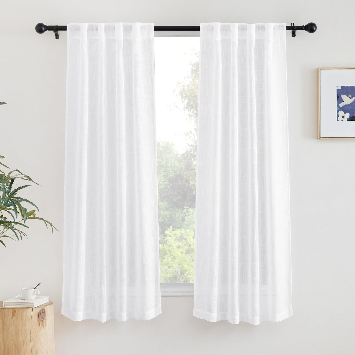 NICETOWN Natural Linen Kitchen Curtains 26 inches Long, Rod Pocket & Back Tab Semi Sheer Flax Window Treatments Rustic & Cute for Cafe/Kids Room, W37 x L26, 2 Panels