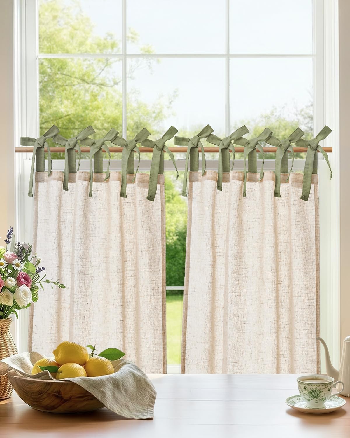 jinchan Solid Linen Kitchen Tier Curtains 24 Inches Tie Top 2 Panles Crude