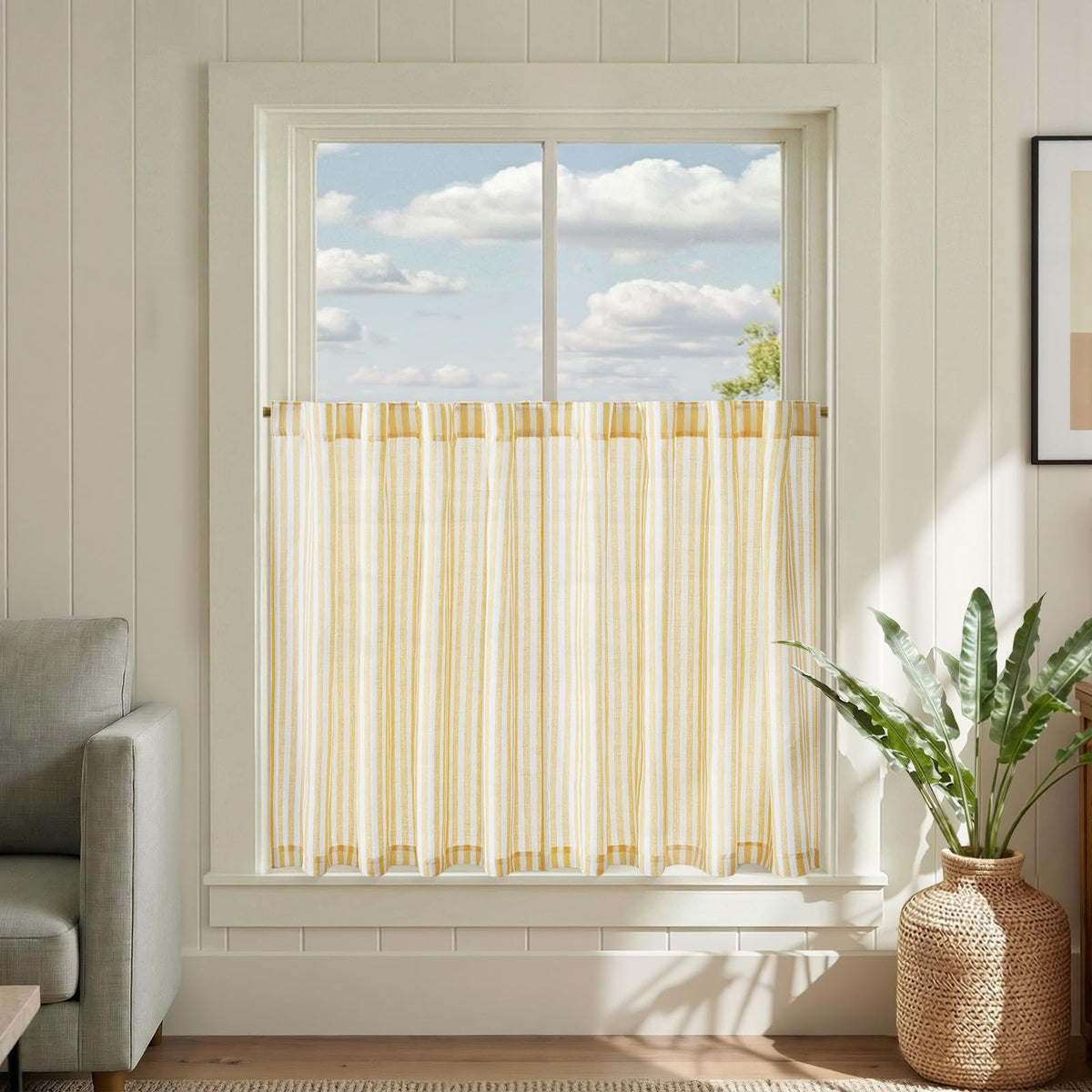 jinchan Striped Linen Kitchen Tier Curtains, 30 Inch, Sage Green, 2 Panels