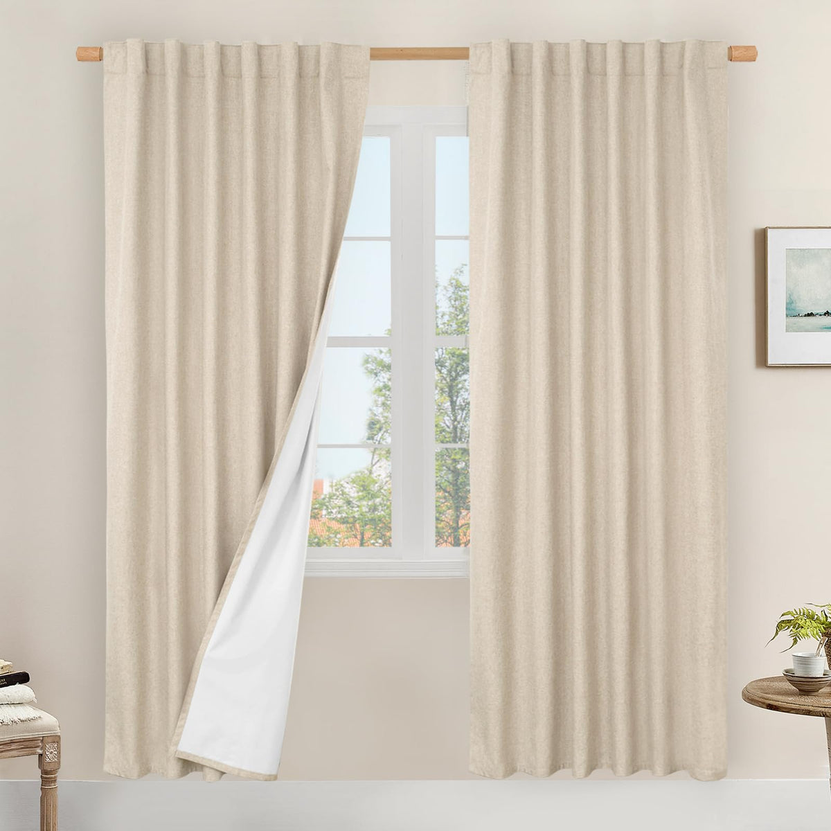 LAMIT Full Blackout Linen Kitchen Window Curtains 36 Inches Long, Ivory