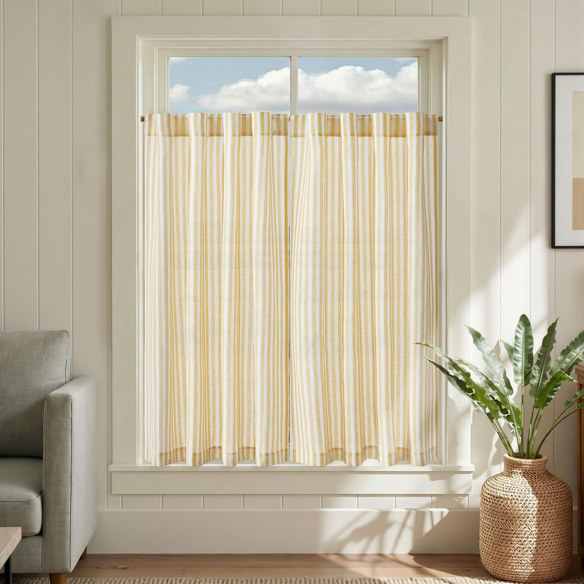 jinchan Striped Linen Kitchen Tier Curtains, 30 Inch, Sage Green, 2 Panels