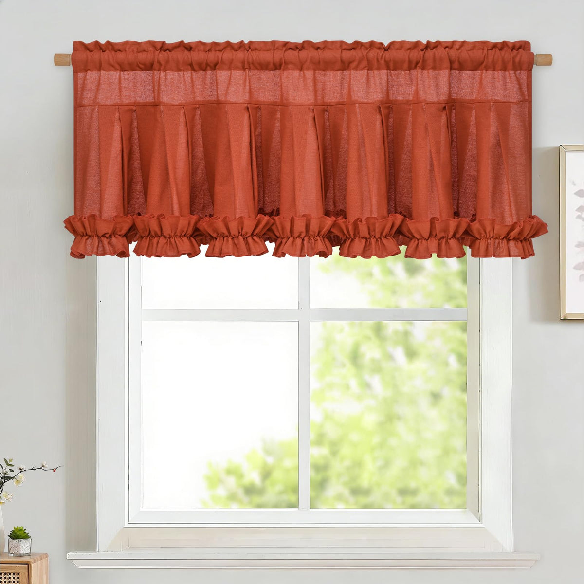 Likiyol Linen Valances for Windows Farmhouse Ruffle Swag Valance Rustic Country Window Valances Light Filtering Kitchen Curtains Rod Pocket Valance Curtains for Bathroom Cafe, Green, 60" W x 36" L