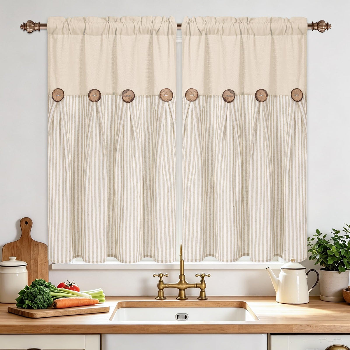 BLEUM CADE Farmhouse Kitchen Curtains 36 Inch, Cotton Linen Cafe Curtains with Rustic Buttons, Boho Small Window Curtains for Bathroom, Green Stripe Half Window Drapes Over Sink, 2 Panels
