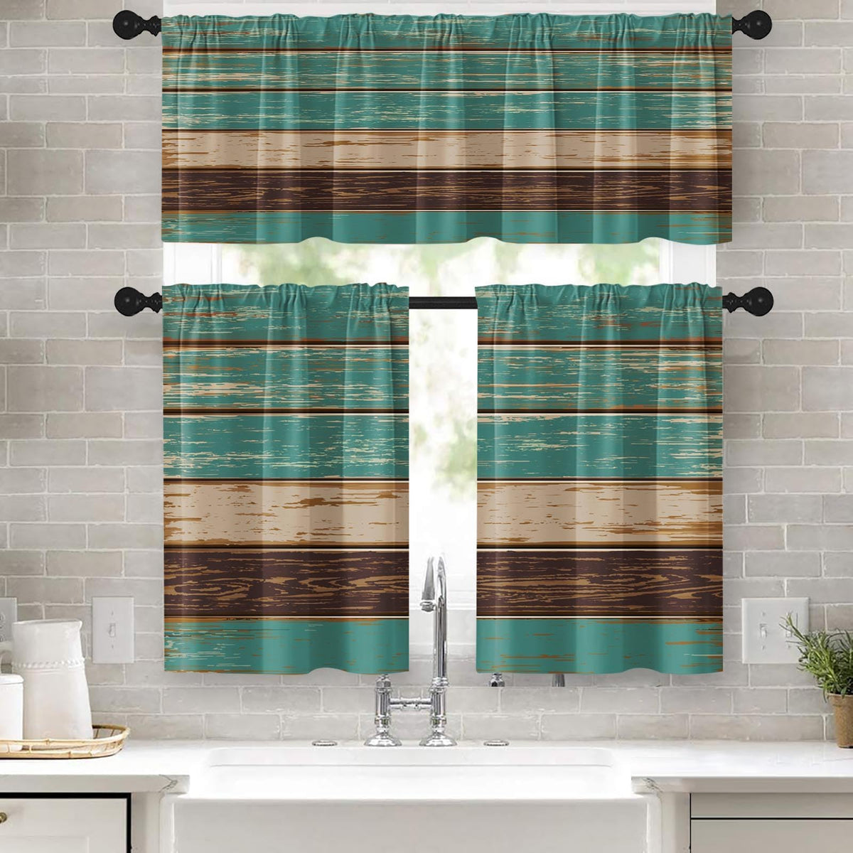 Emvency Kitchen Curtains Sets for Windows 52x36 Inch 3 Pack Farmhouse Wood