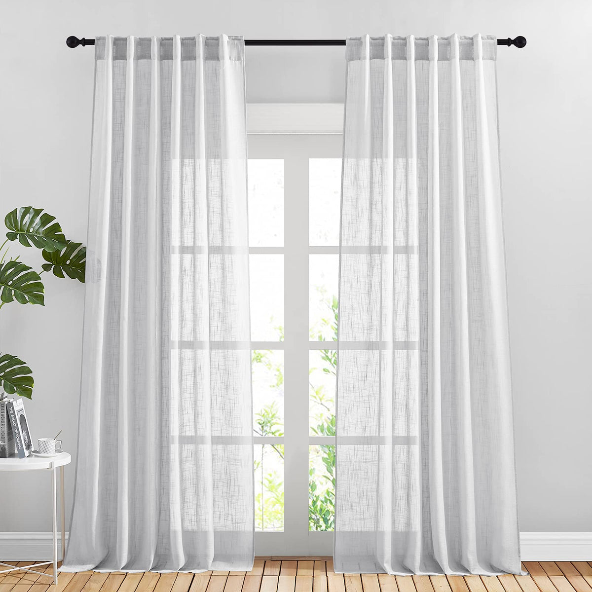 NICETOWN Natural Linen Kitchen Curtains 26 inches Long, Rod Pocket & Back Tab Semi Sheer Flax Window Treatments Rustic & Cute for Cafe/Kids Room, W37 x L26, 2 Panels