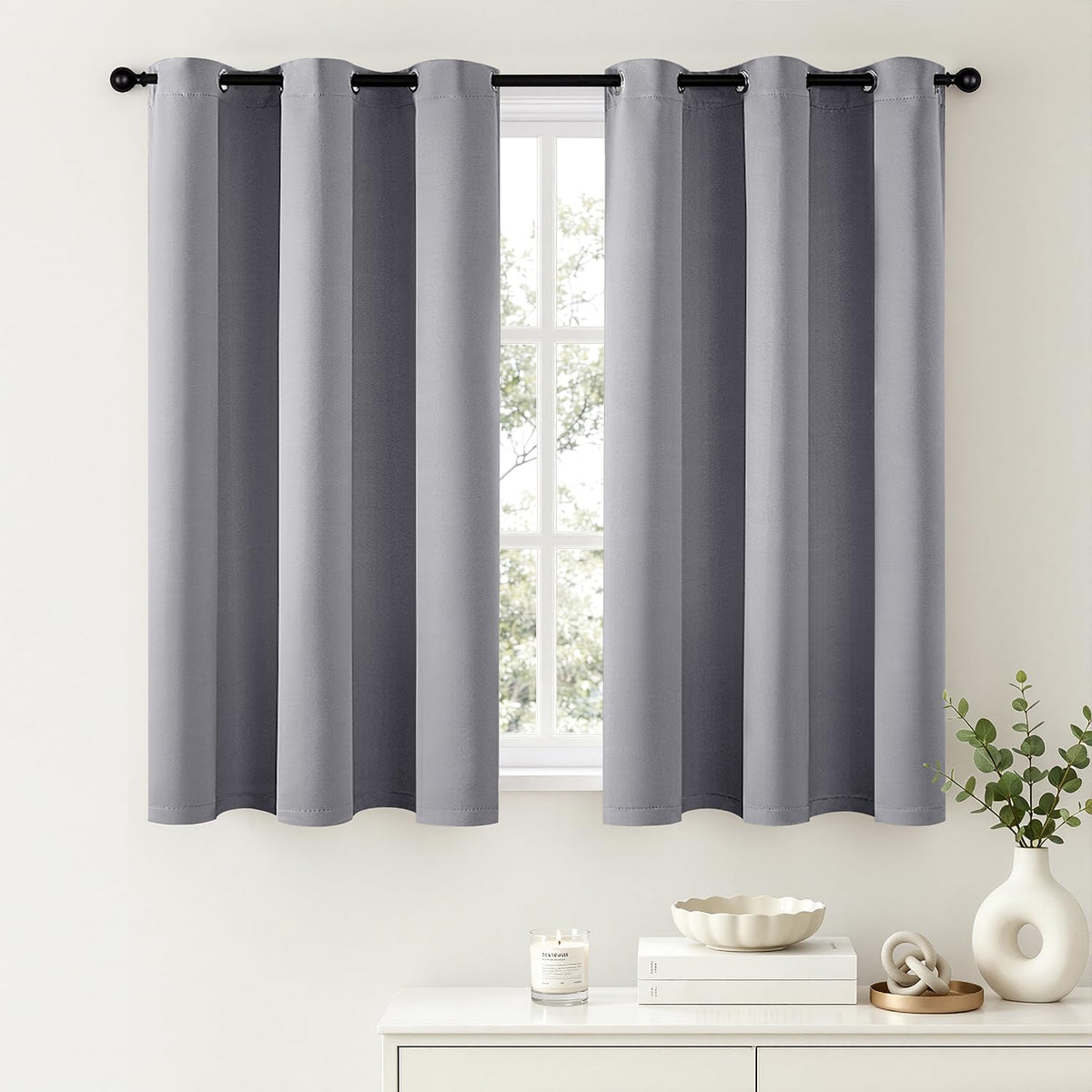 Short Navy Blue Blackout Kitchen Curtain W40 x L45 Inch 2 Panels