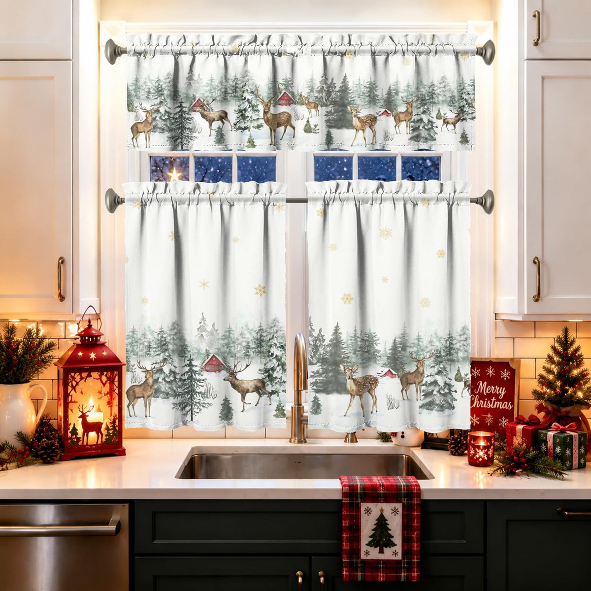 Sage Kitchen Curtain Valance 3 Piece Set, Sage Leaf Floral Kitchen Decor for Home Interior, Farmhouse Style Sink Window Curtains 36 Inch