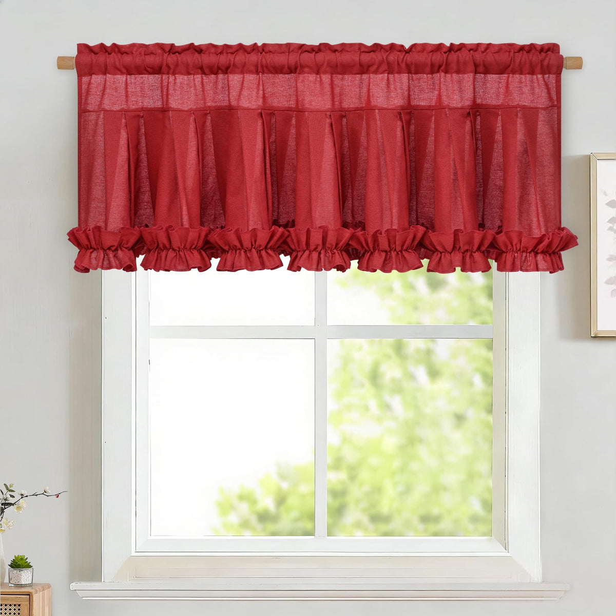 Likiyol Linen Valances for Windows Farmhouse Ruffle Swag Valance Rustic Country Window Valances Light Filtering Kitchen Curtains Rod Pocket Valance Curtains for Bathroom Cafe, Green, 60" W x 36" L