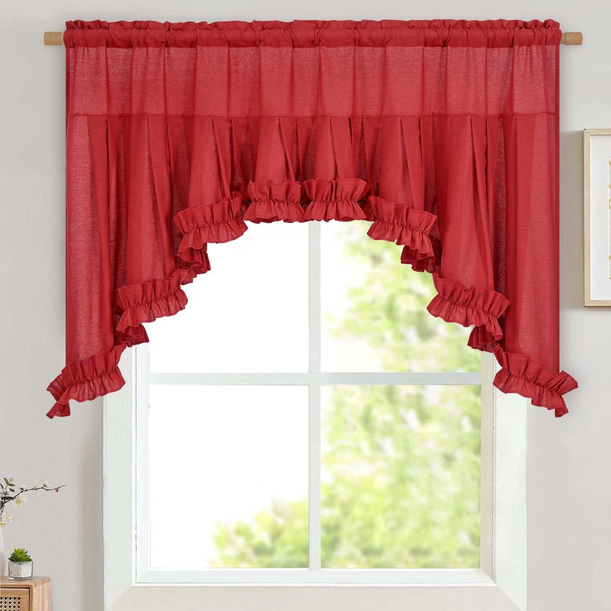 Likiyol Linen Valances for Windows Farmhouse Ruffle Swag Valance Rustic Country Window Valances Light Filtering Kitchen Curtains Rod Pocket Valance Curtains for Bathroom Cafe, Green, 60" W x 36" L