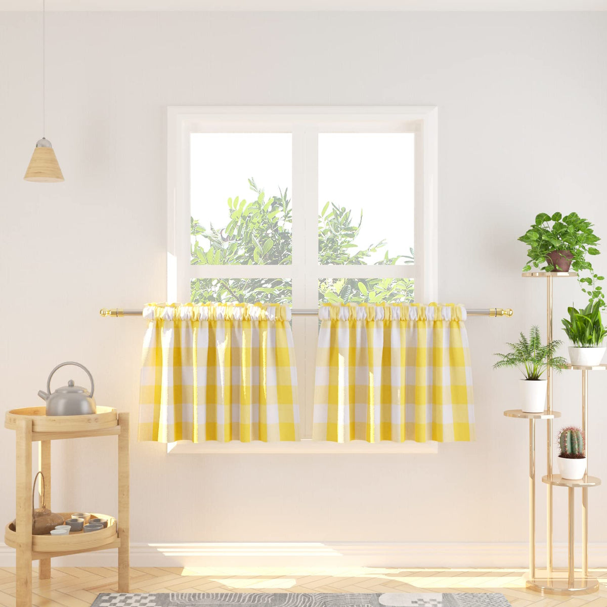 Buffalo Check Kitchen Tier Curtain 24 inches Long Plaid Gingham Rod Pocket Classic Cafe Curtains Country Farmhouse Kitchen Half Window Curtains 2 Panels Beige & White