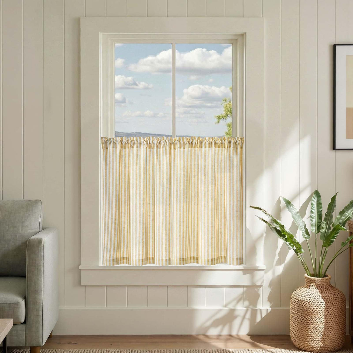 jinchan Striped Linen Kitchen Tier Curtains, 20 Inch, Tan, 2 Panels