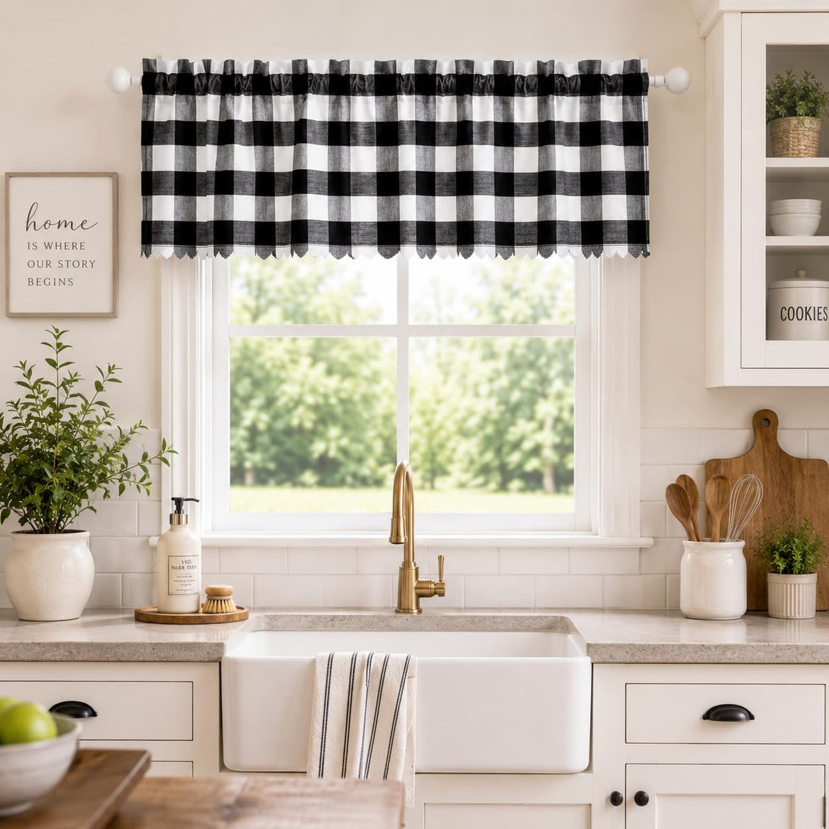 Beda Home Buffalo Check Swag Valance for Kitchen, Coffee/White, 52 x 18 in