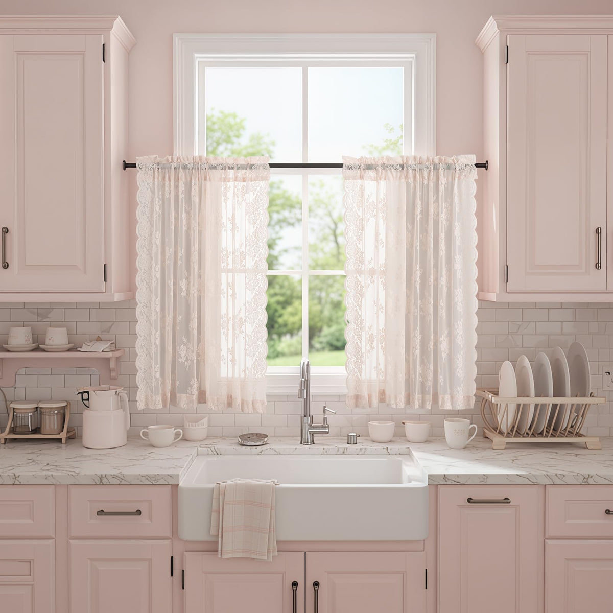 Kotile Short Beige Lace Curtains for Kitchen Windows W42xL45 Inch, 2 Panels