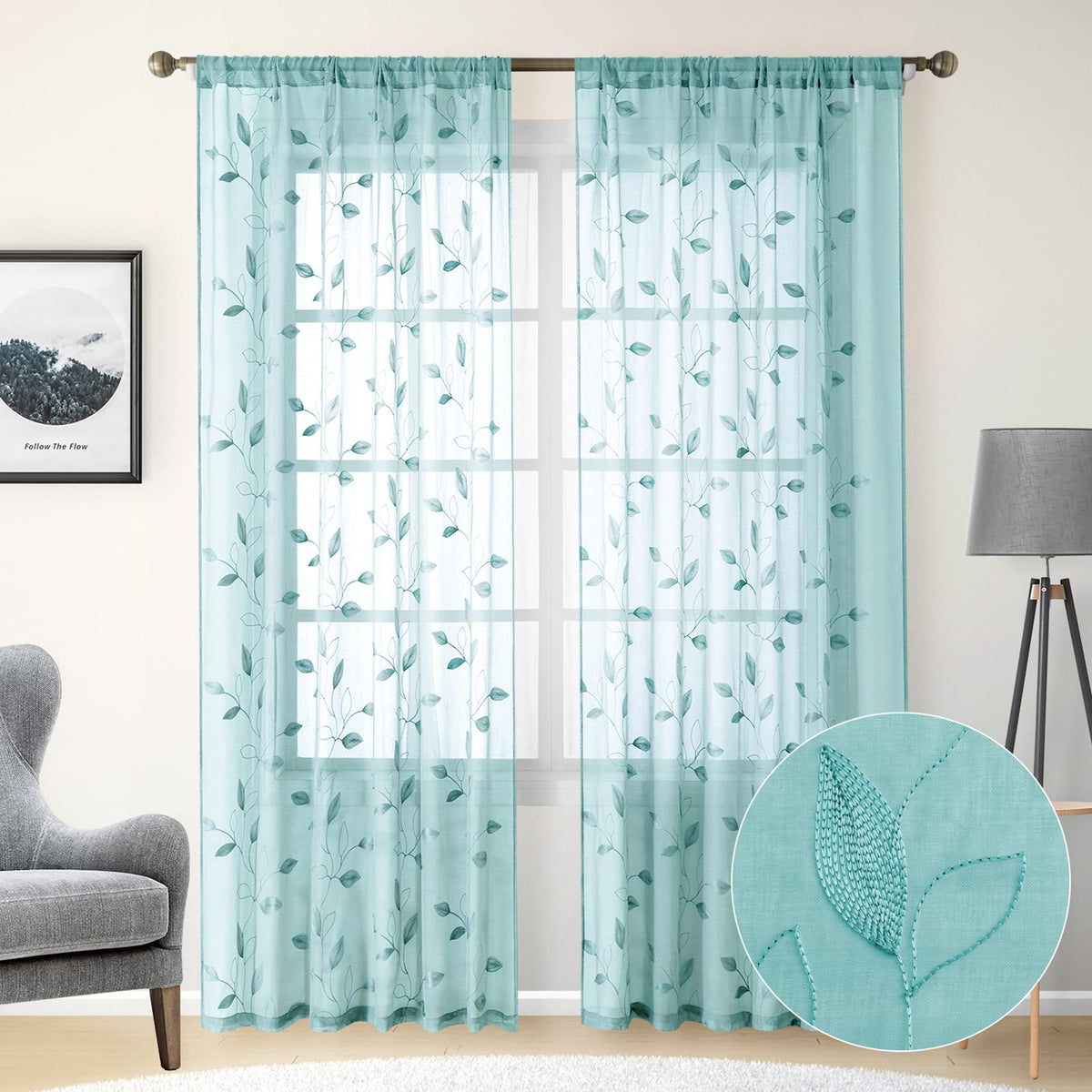 HOMEIDEAS Sage Green Kitchen Tier Curtains Leaf Embroidered, 30x36, 2 Panel
