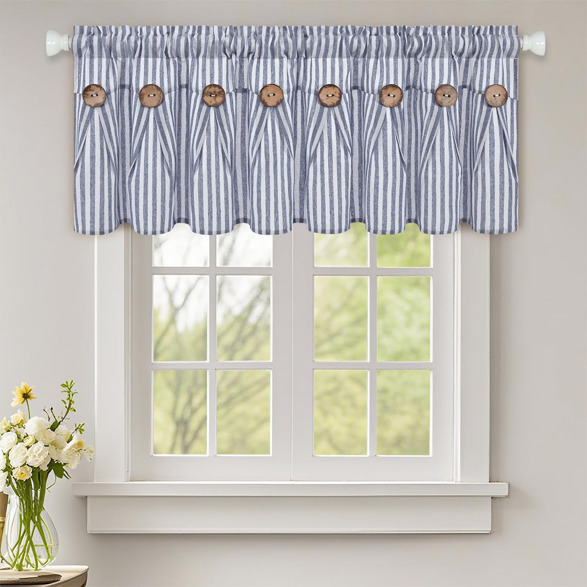 ASPMIZ Cotton Linen Kitchen Valance Curtains, Boho Rustic Button Linen Valances for Windows Farmhouse, Black with Grey Stripe Valance Window Topper Treatment Window Valances for Bathroom, 52 x 18 Inch