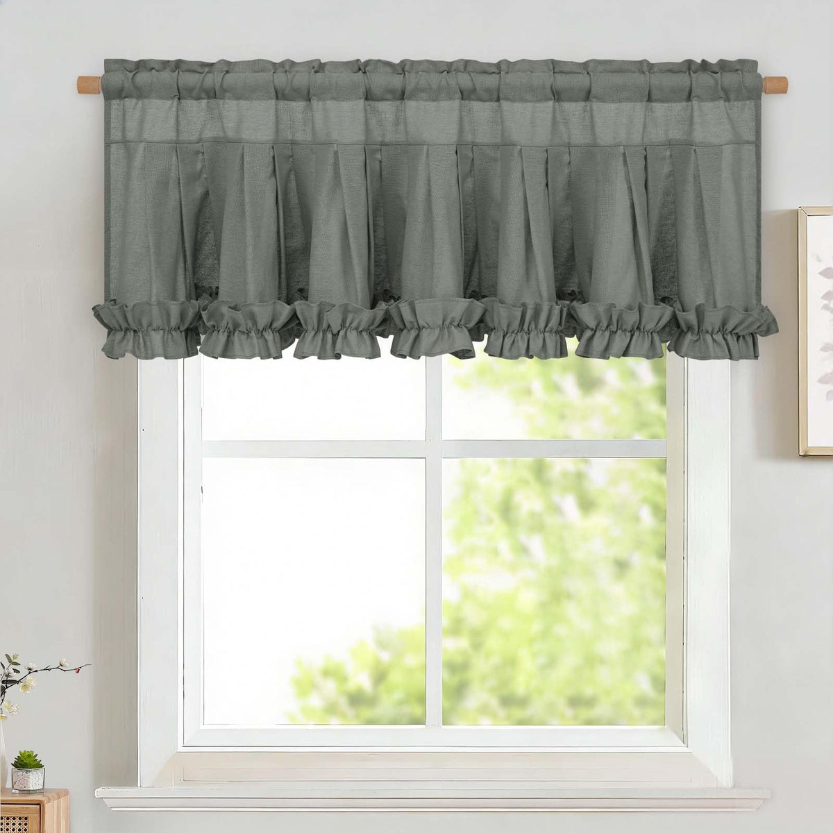 Likiyol Linen Valances for Windows Farmhouse Ruffle Swag Valance Rustic Country Window Valances Light Filtering Kitchen Curtains Rod Pocket Valance Curtains for Bathroom Cafe, Green, 60" W x 36" L