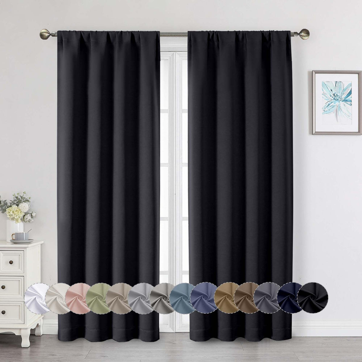 Black Cafe Blackout Curtains 36 Inch Length 2 Panels Set, Soft Solid Thermal Insulated Room Darkening Small Window Curtains for Kitchen Bathroom Basement, Black, Each, 40" Wx36 L