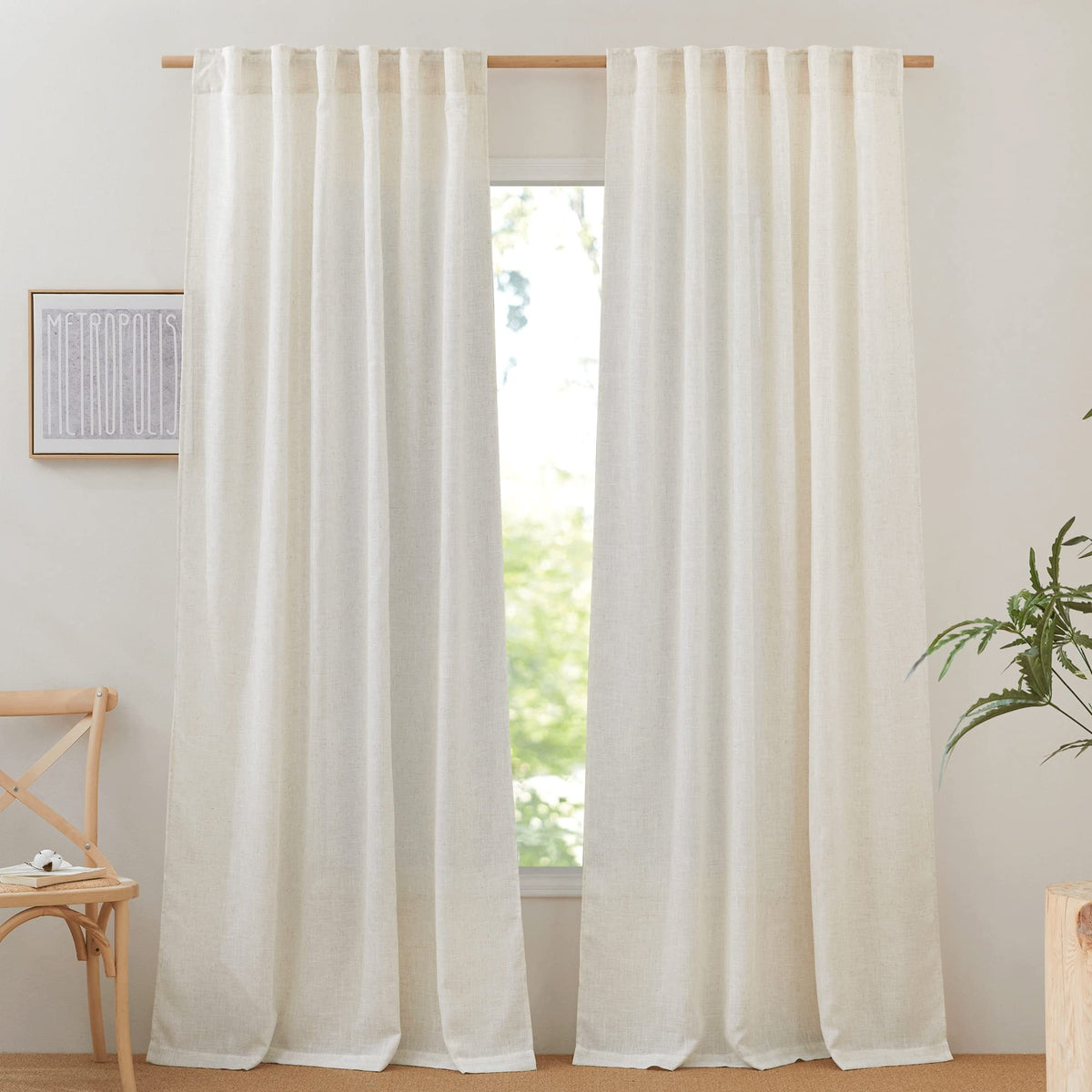 NICETOWN Natural Linen Kitchen Curtains 26 inches Long, Rod Pocket & Back Tab Semi Sheer Flax Window Treatments Rustic & Cute for Cafe/Kids Room, W37 x L26, 2 Panels