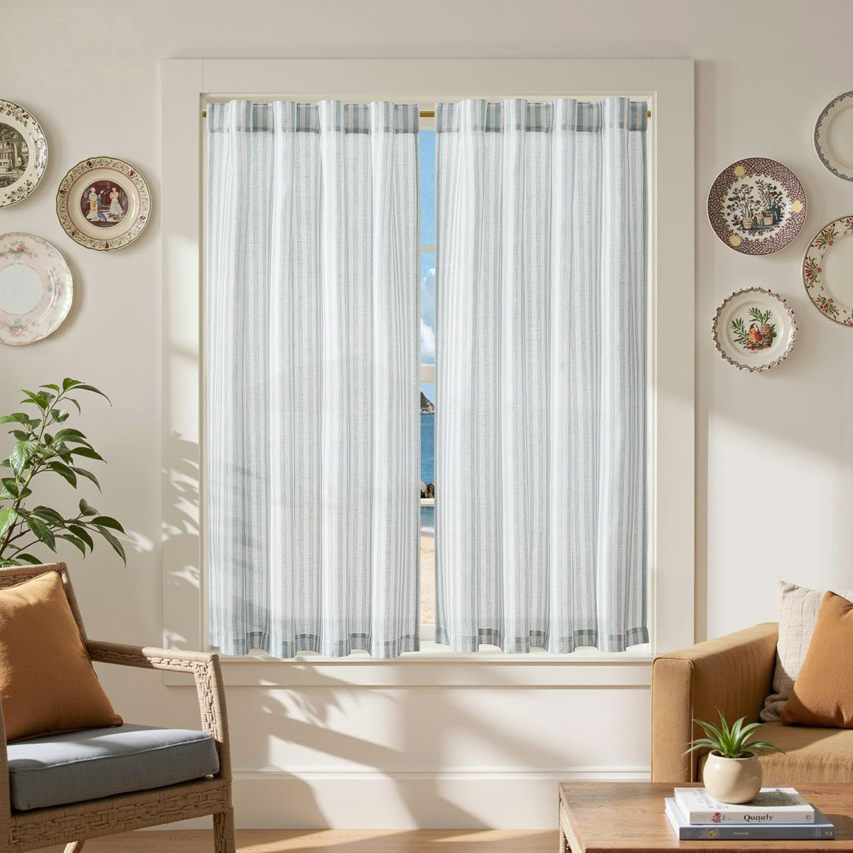jinchan Striped Linen Kitchen Tier Curtains, 30 Inch, Sage Green, 2 Panels