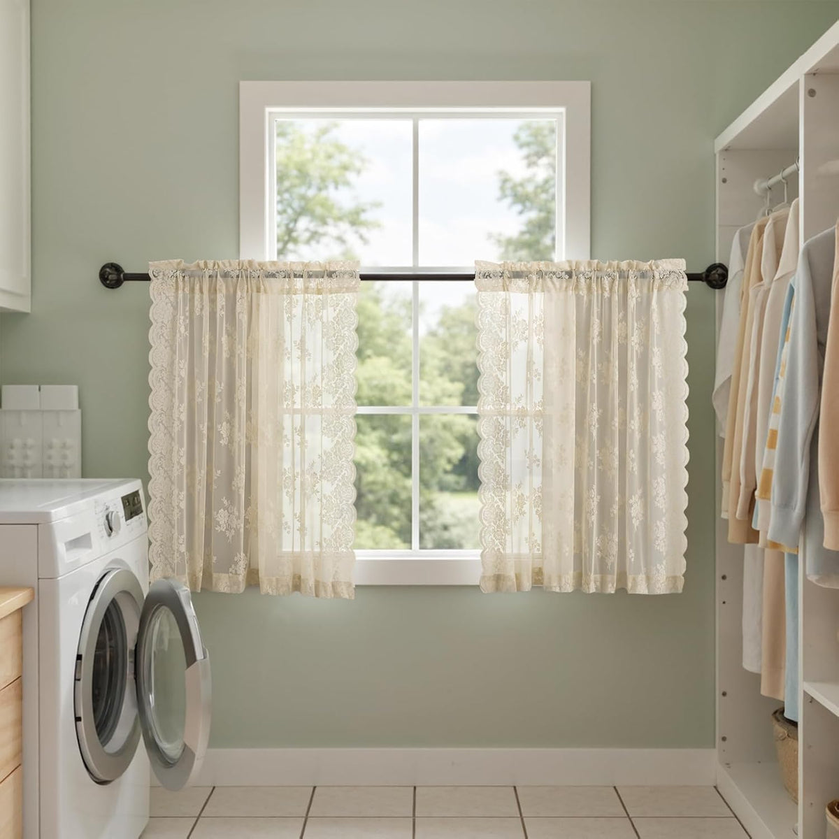 Kotile Short Beige Lace Curtains for Kitchen Windows W42xL45 Inch, 2 Panels