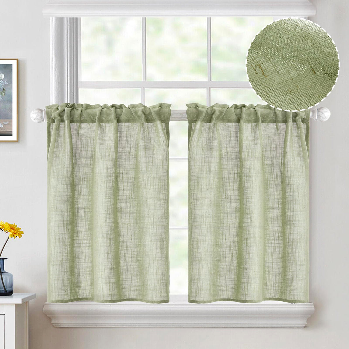 MIULEE Spring Linen Textured Kitchen Window Curtains over Sink 24 Inch Length Semi Sheer Farmhouse Small Curtains for Cafe Bathroom Basement, Short Rod Pocket Tier Curtains 2 Panels W26XL24 Sage Green