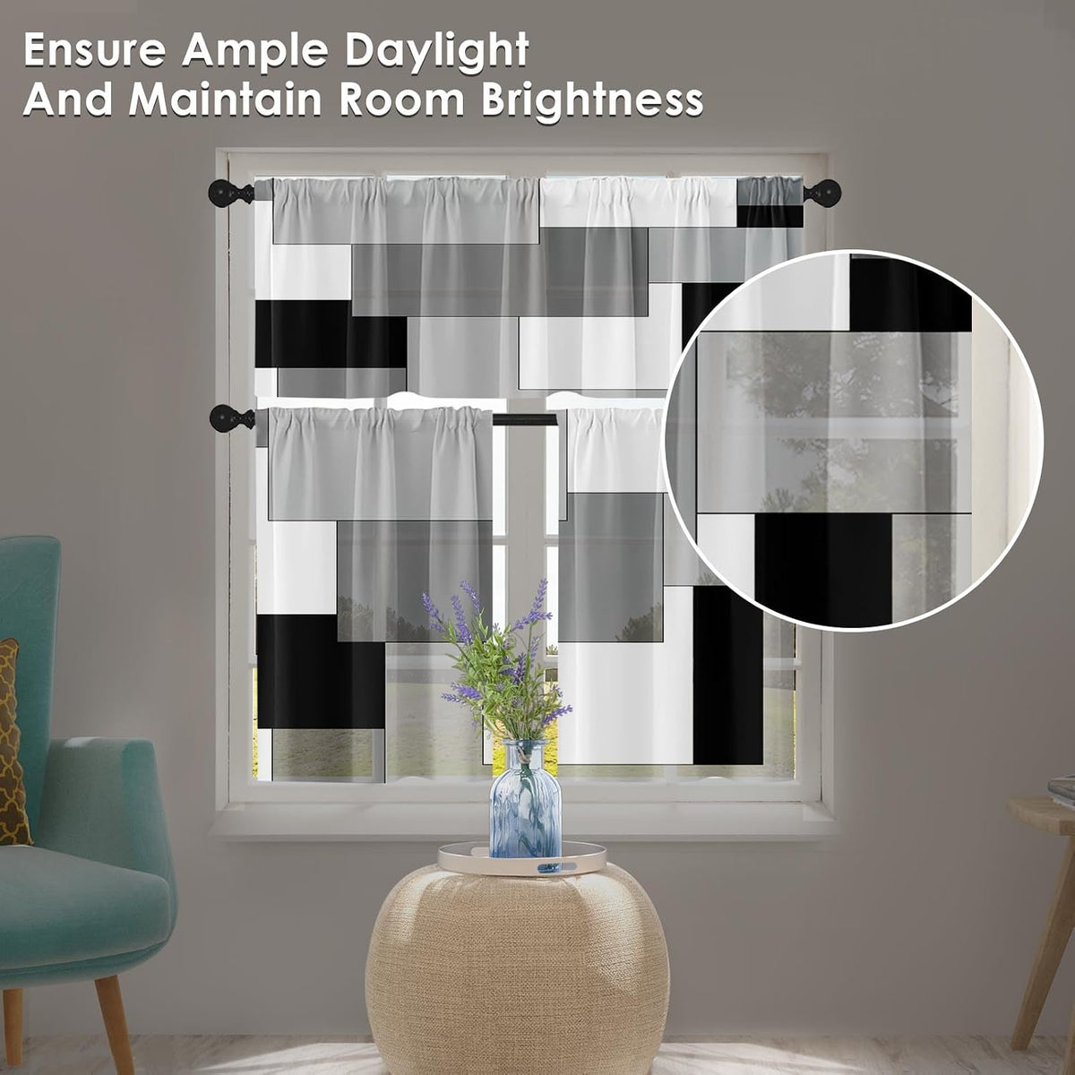Kitchen Curtains Sets for Windows 52x36 Inch 3 Pack, Geometric