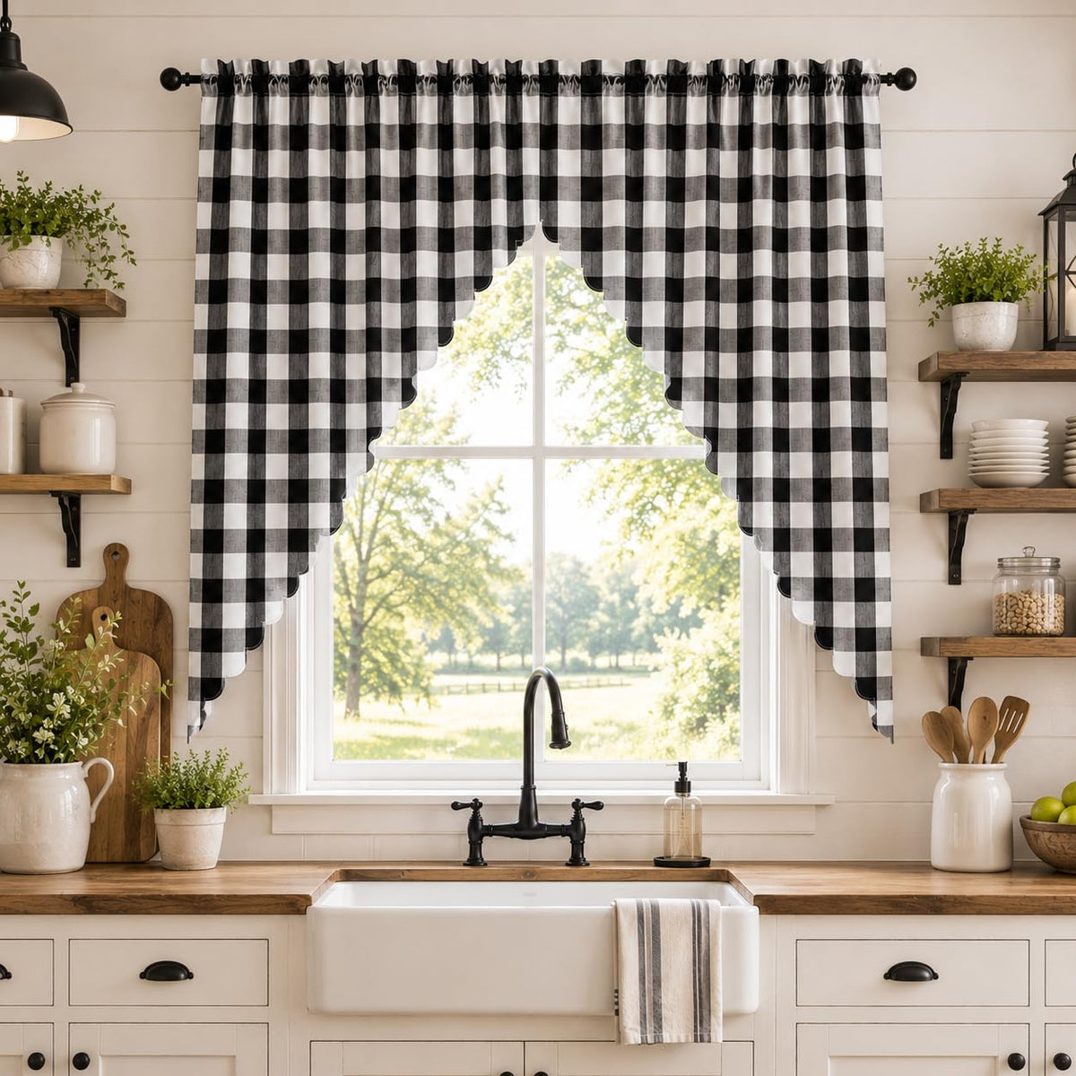Beda Home Buffalo Check Swag Valance for Kitchen, Coffee/White, 52 x 18 in