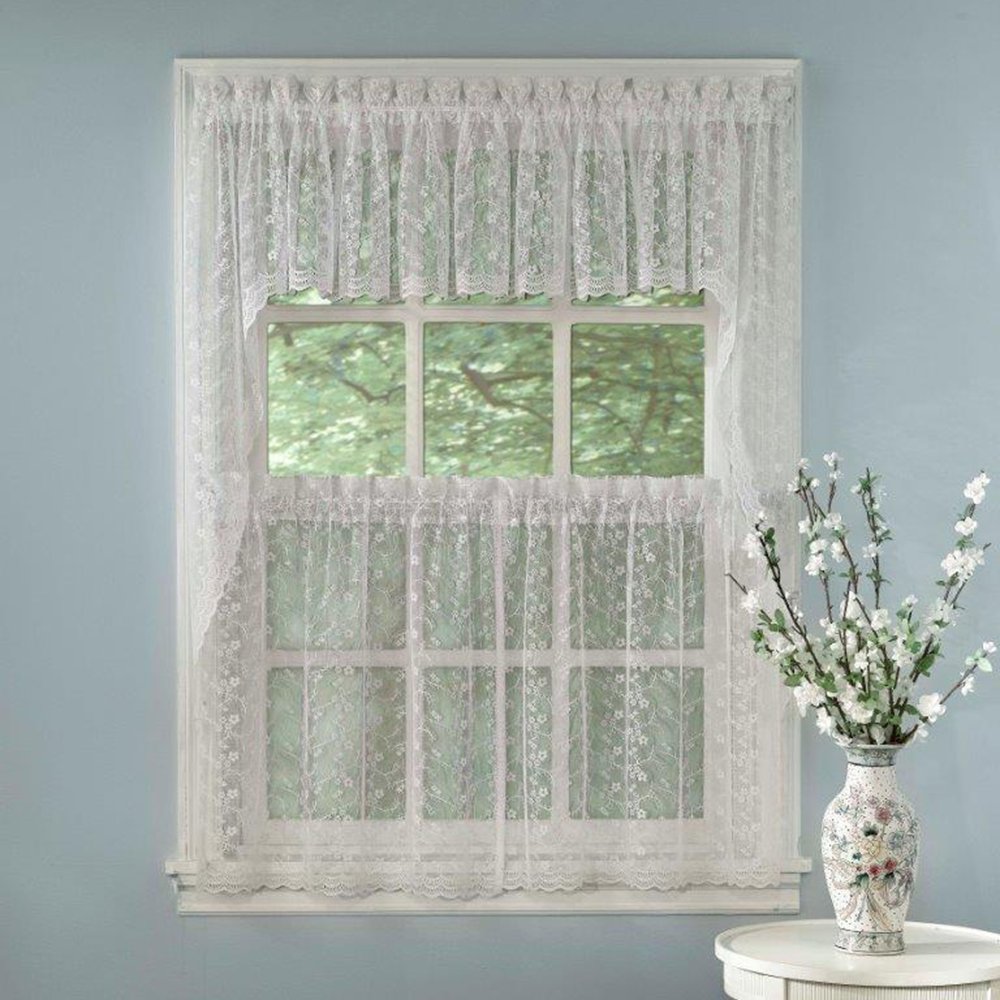 Sweet Home Collection Old World Style Floral Heavy Lace Kitchen Curtain Swag pair Hopewell Cream