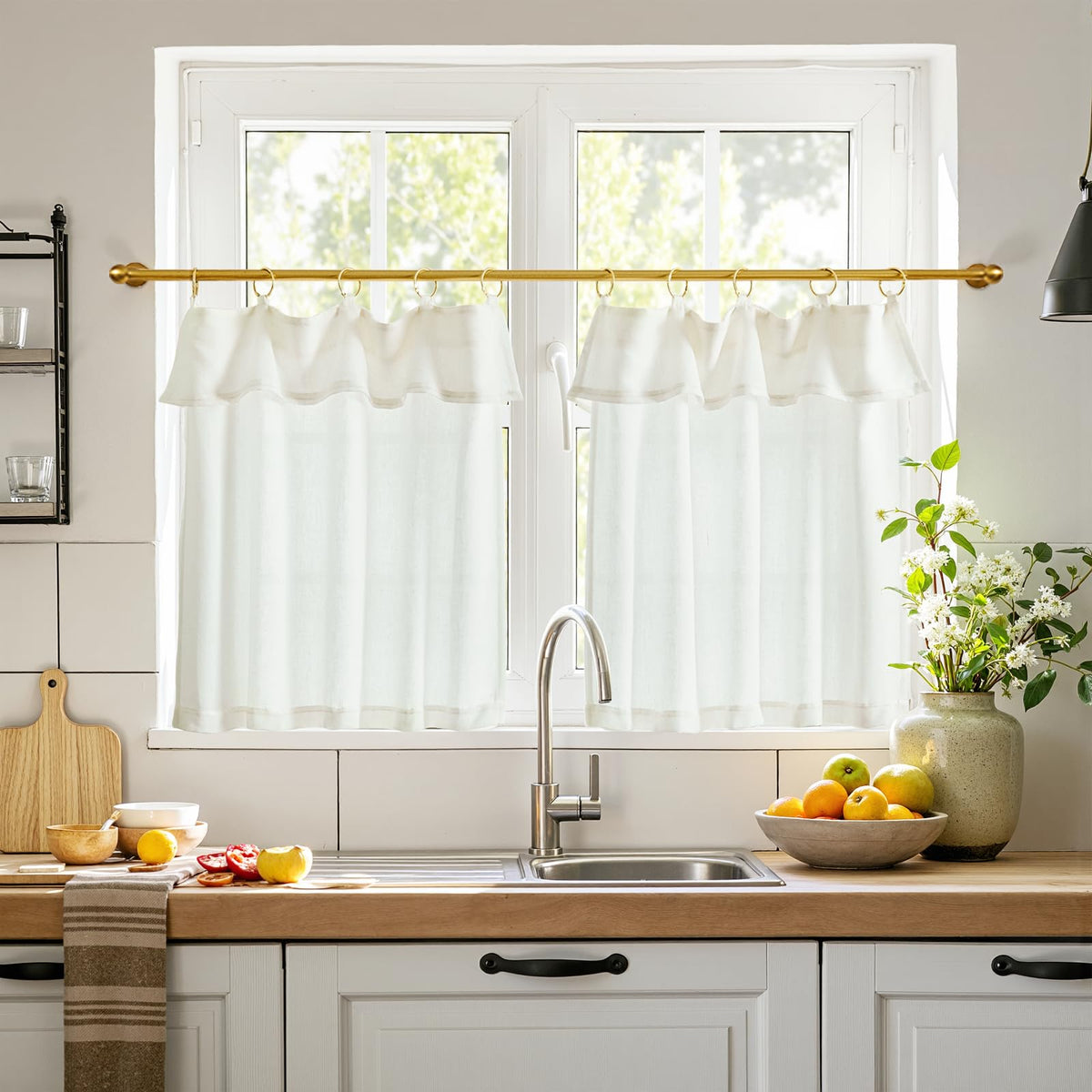 jinchan Linen Pinch Pleated Back Tab Tier Curtains, 26x36, Natural