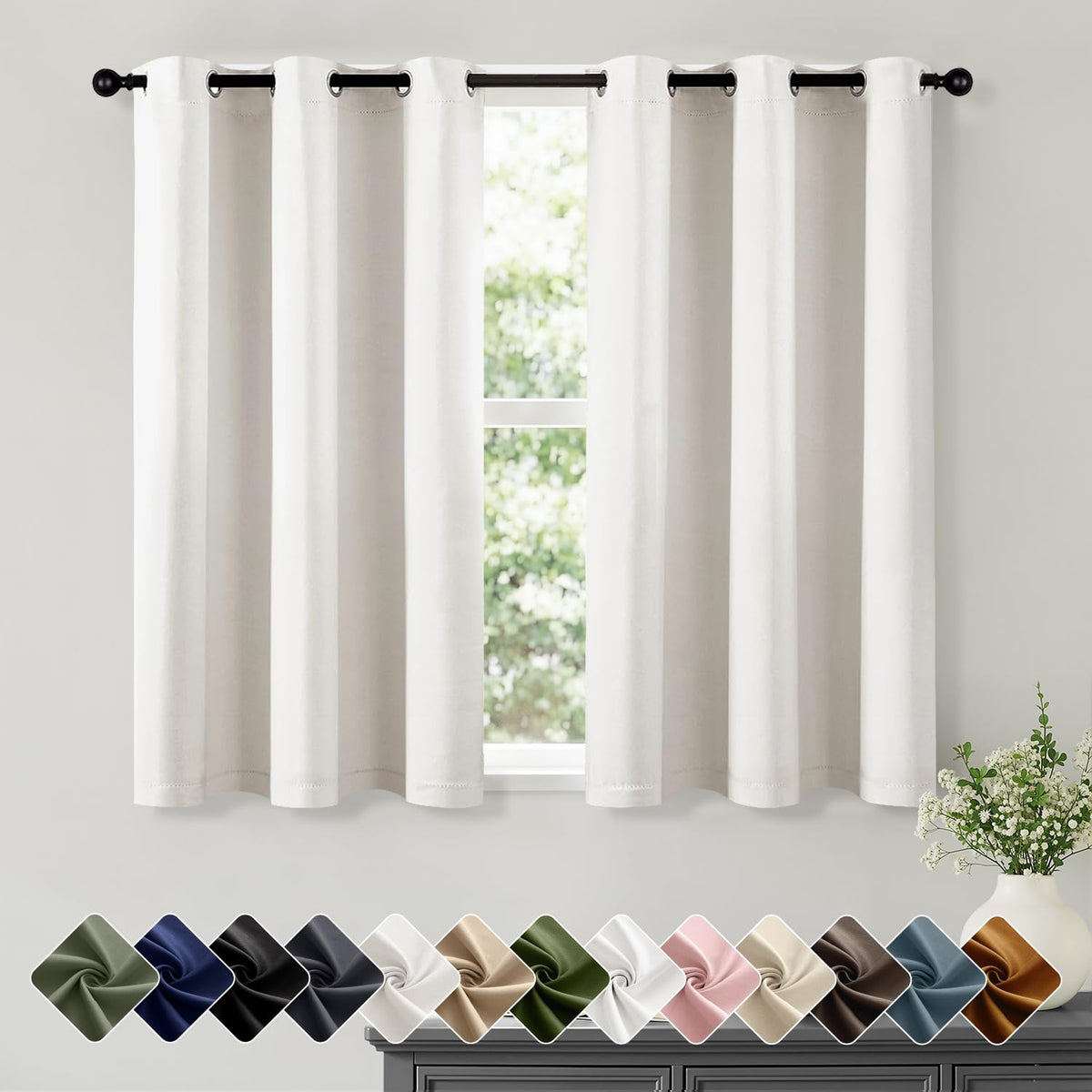 Short Navy Blue Blackout Kitchen Curtain W40 x L45 Inch 2 Panels