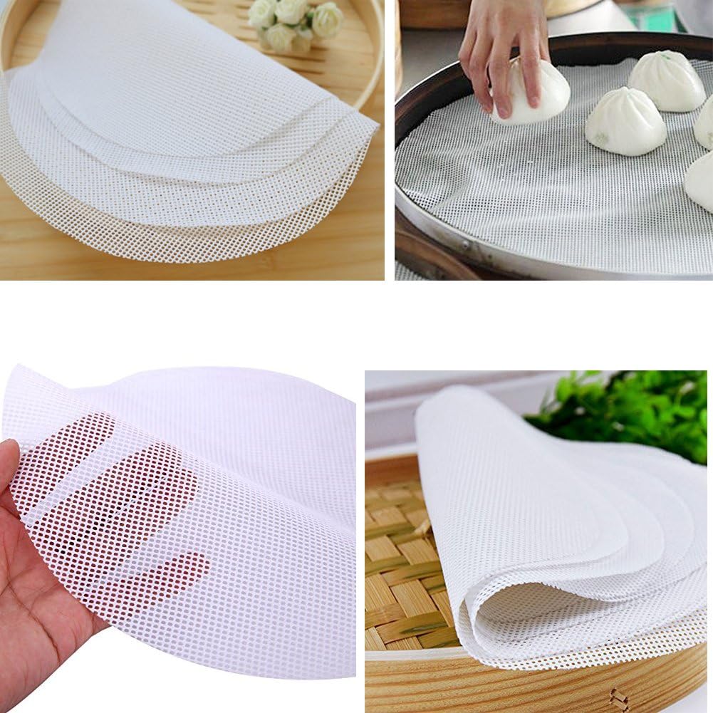 INCHANT 5-Piece Non-Stick Round Steamer Mat, Reusable Silicone Bamboo Steamer Pad/Mesh, for Steamed Dim Sum, Dumplings, Buns, 35cm in Diameter