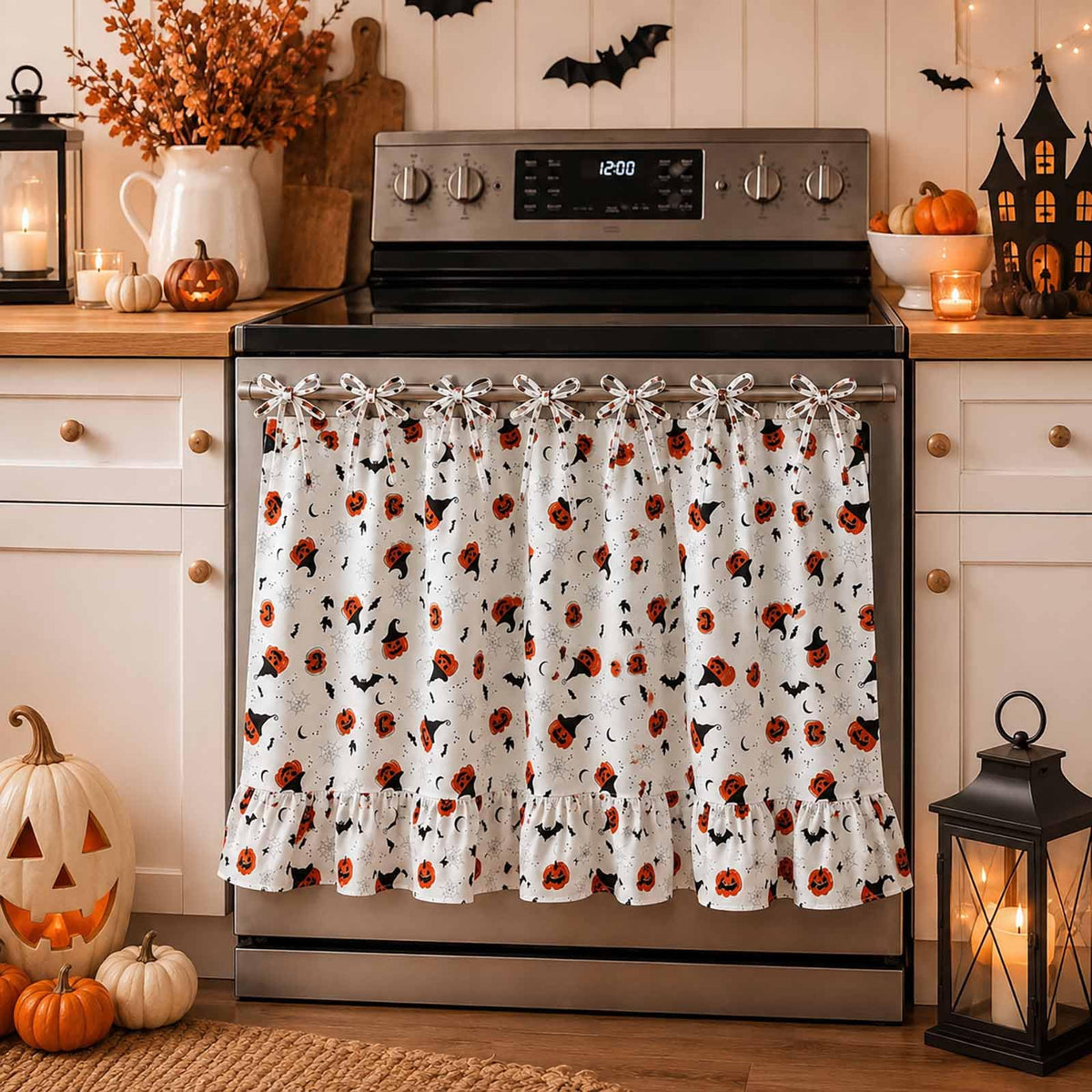 LOSOZO Oat Handmade Oven Skirt for Farmhouse Kitchen Décor, Oven Curtain Tie Top Decorative Cabinet Dish Washer Oven Curtains, Ruffled Fabric Appliance Cover with Ribbon Ties