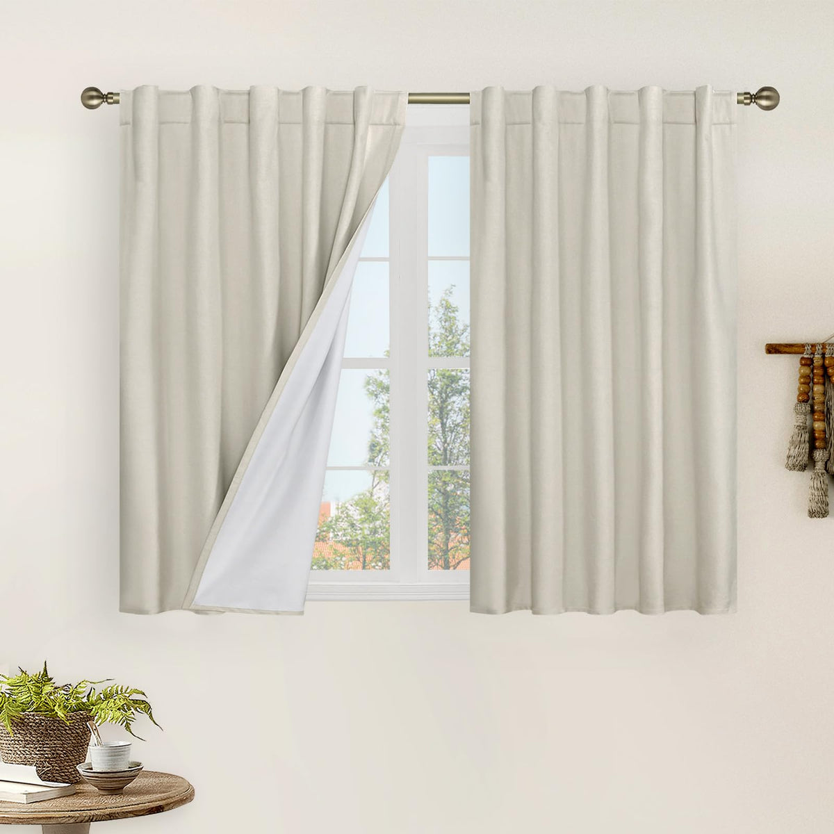 LAMIT Full Blackout Linen Kitchen Window Curtains 36 Inches Long, Ivory