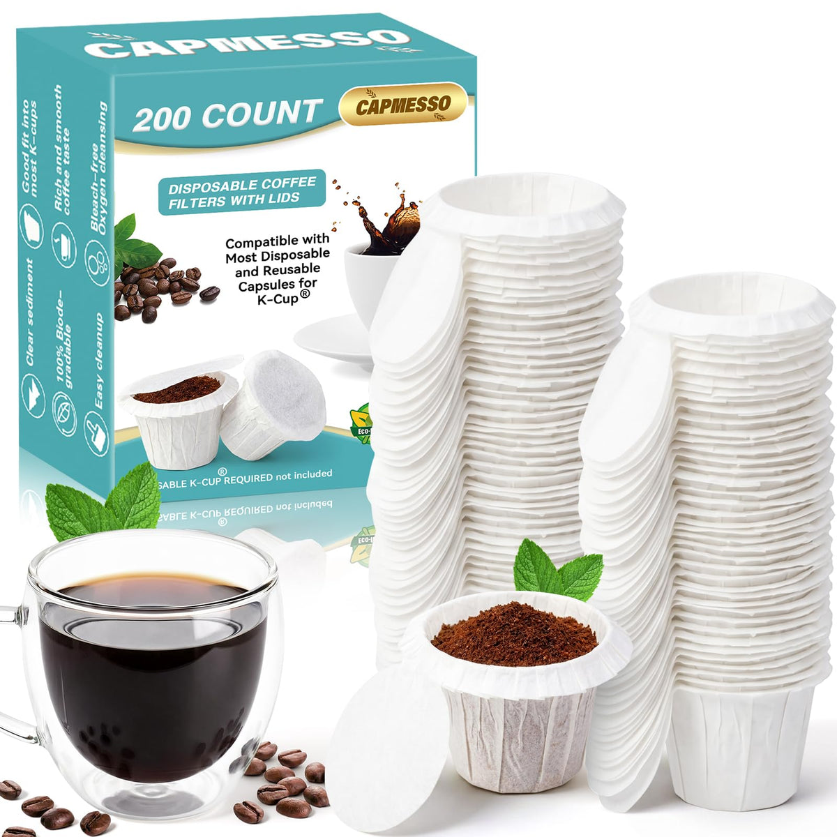 CAPMESSO Disposable K Cup Paper Filters for Keurig 1.0&2.0, 200 Unbleached
