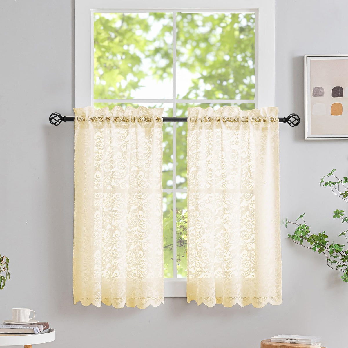 ALIGOGO Short White Lace Kitchen Curtains 36 Length 2 Panels W26 x L36 Inch