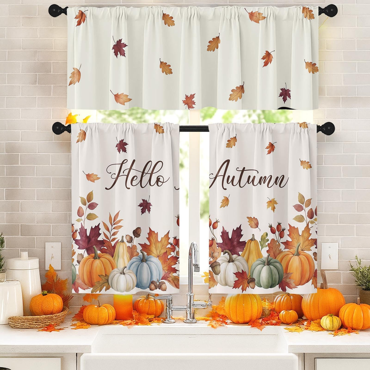 Arttown Fall Kitchen Curtains Sets for Windows, Pumpkin, 52x36 Inch