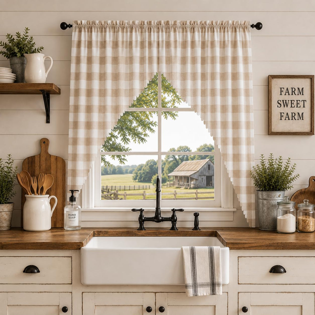 Beda Home Buffalo Check Swag Valance for Kitchen, Coffee/White, 52 x 18 in