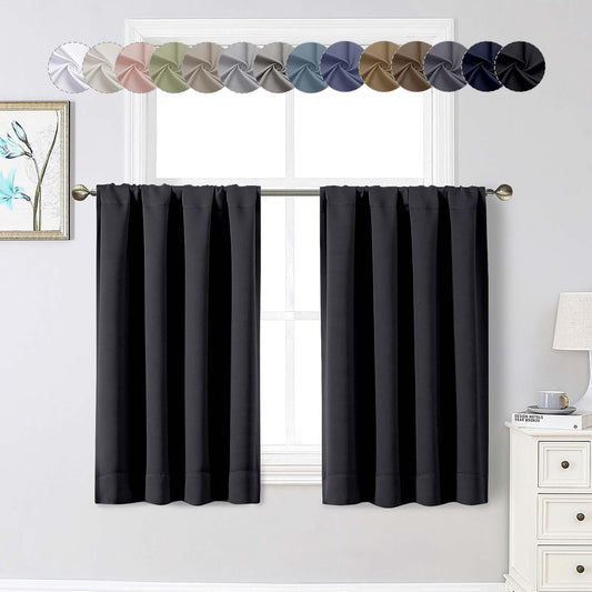 Black Cafe Blackout Curtains 36 Inch Length 2 Panels Set, Soft Solid Thermal Insulated Room Darkening Small Window Curtains for Kitchen Bathroom Basement, Black, Each, 40" Wx36 L