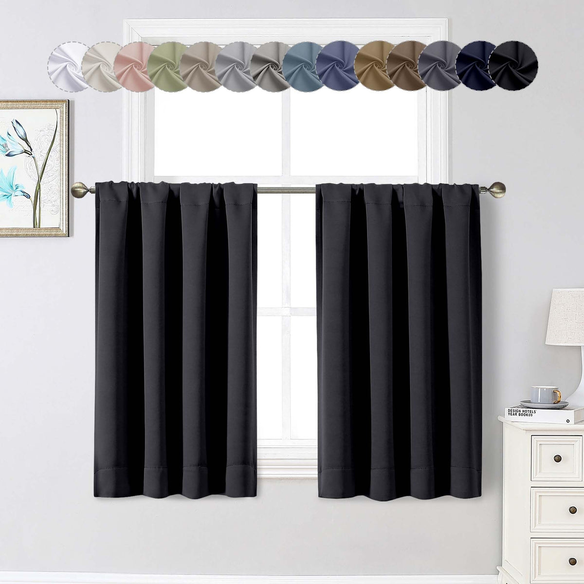 Black Cafe Blackout Curtains 36 Inch Length 2 Panels Set, Soft Solid Thermal Insulated Room Darkening Small Window Curtains for Kitchen Bathroom Basement, Black, Each, 40" Wx36 L