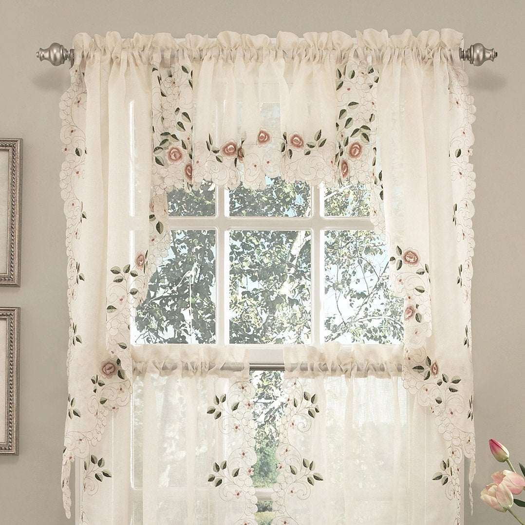 Sweet Home Collection Old World Style Floral Heavy Lace Kitchen Curtain Swag pair Hopewell Cream