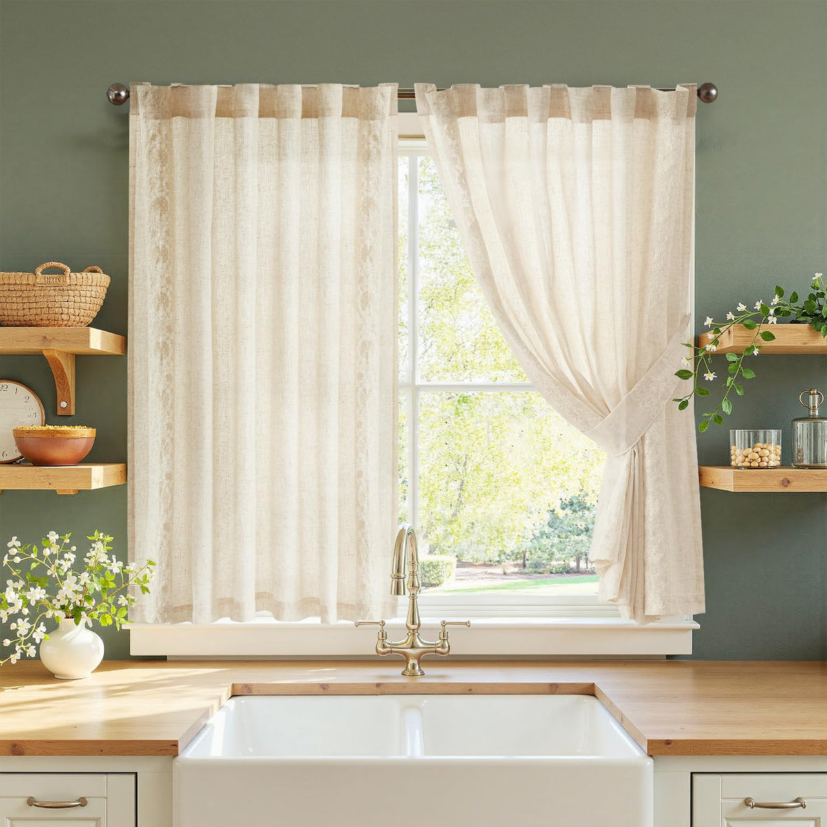 jinchan Green Floral Linen Kitchen Tier Curtains 50x45 Inch 2 Panels