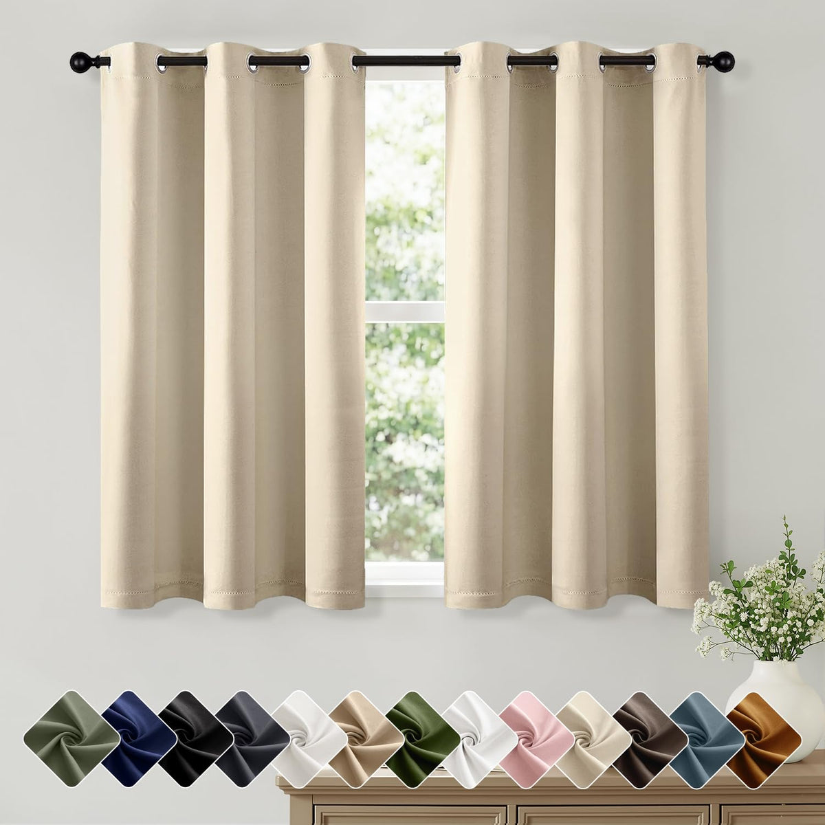 Short Navy Blue Blackout Kitchen Curtain W40 x L45 Inch 2 Panels